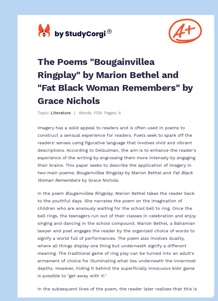 The Poems "Bougainvillea Ringplay" by Marion Bethel and "Fat Black Woman Remembers" by Grace Nichols. Page 1