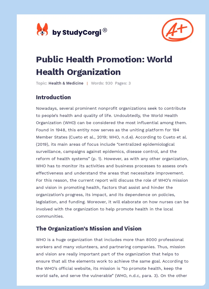Public Health Promotion: World Health Organization. Page 1