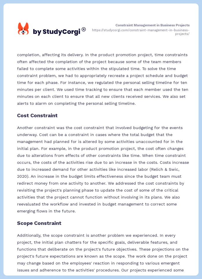 Constraint Management in Business Projects. Page 2