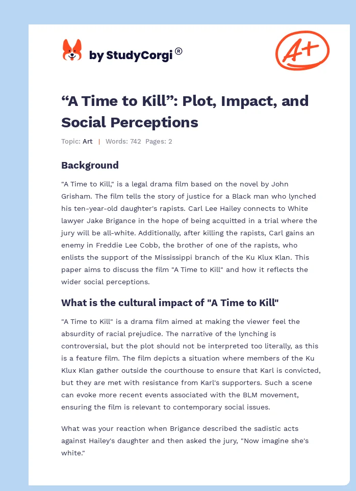 “A Time to Kill”: Plot, Impact, and Social Perceptions. Page 1