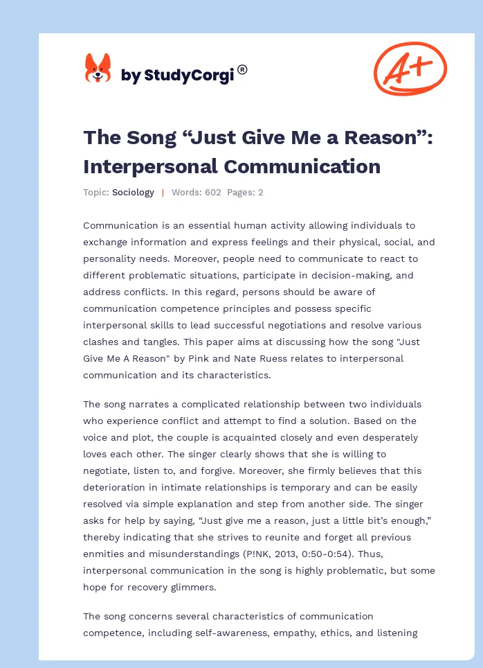 The Song “Just Give Me a Reason”: Interpersonal Communication. Page 1