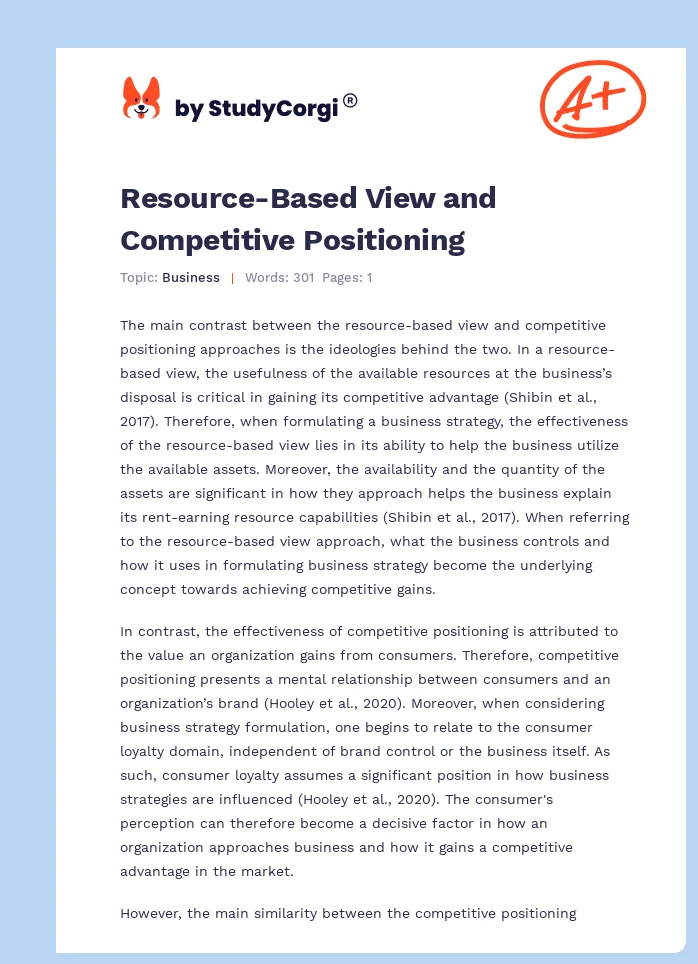 Resource-Based View and Competitive Positioning. Page 1