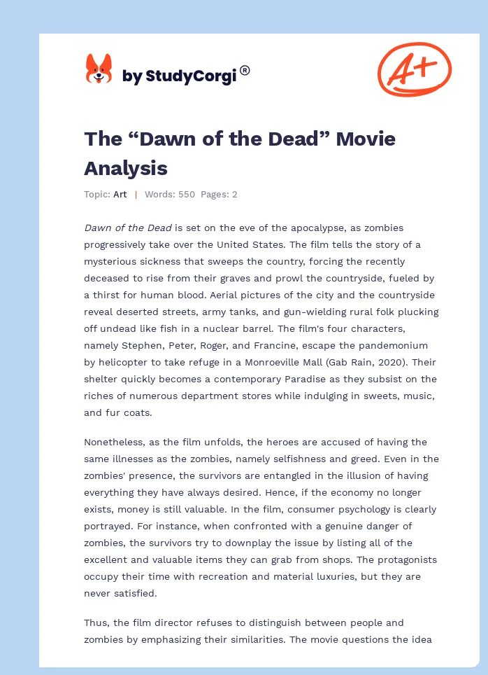 The “Dawn of the Dead” Movie Analysis. Page 1