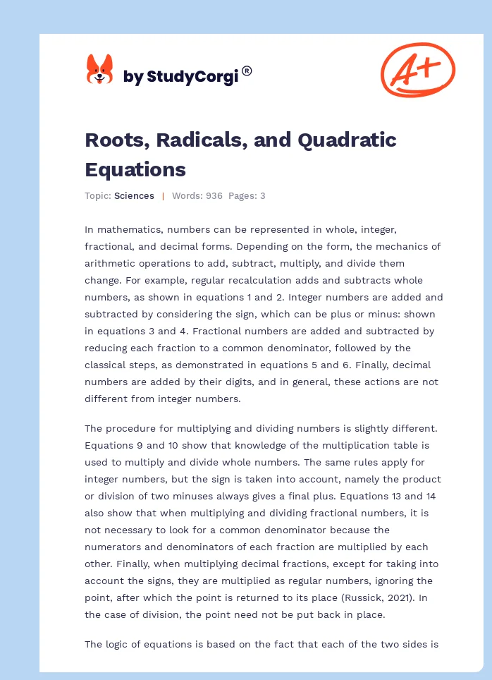 Roots, Radicals, and Quadratic Equations. Page 1