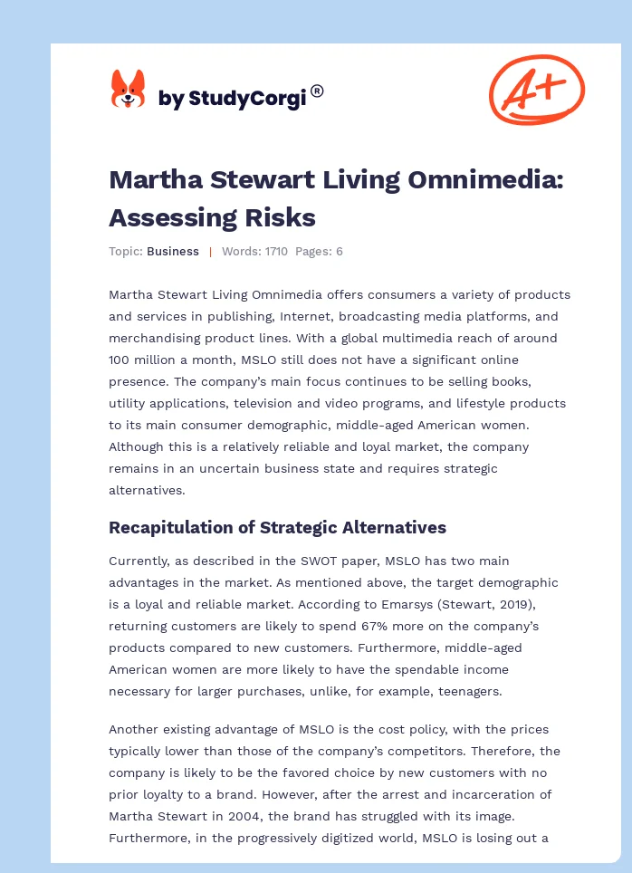 Martha Stewart Living Omnimedia: Assessing Risks. Page 1