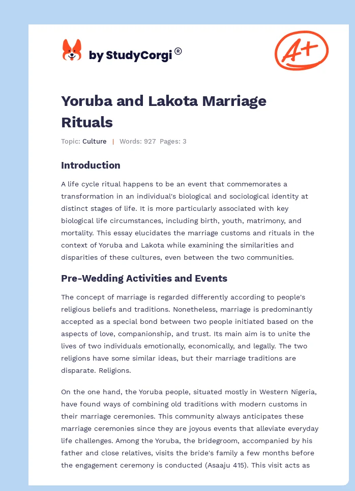 Yoruba and Lakota Marriage Rituals. Page 1