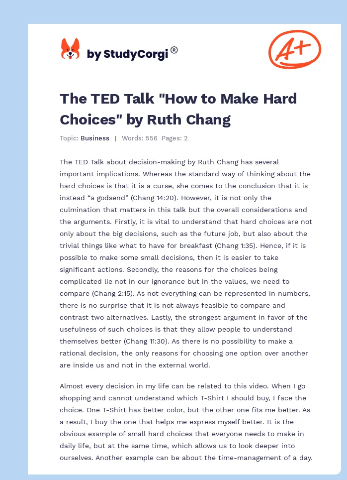 The TED Talk "How to Make Hard Choices" by Ruth Chang. Page 1