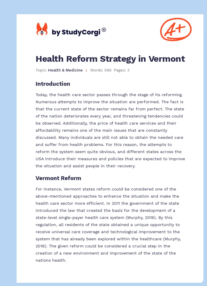 Health Reform Strategy in Vermont. Page 1