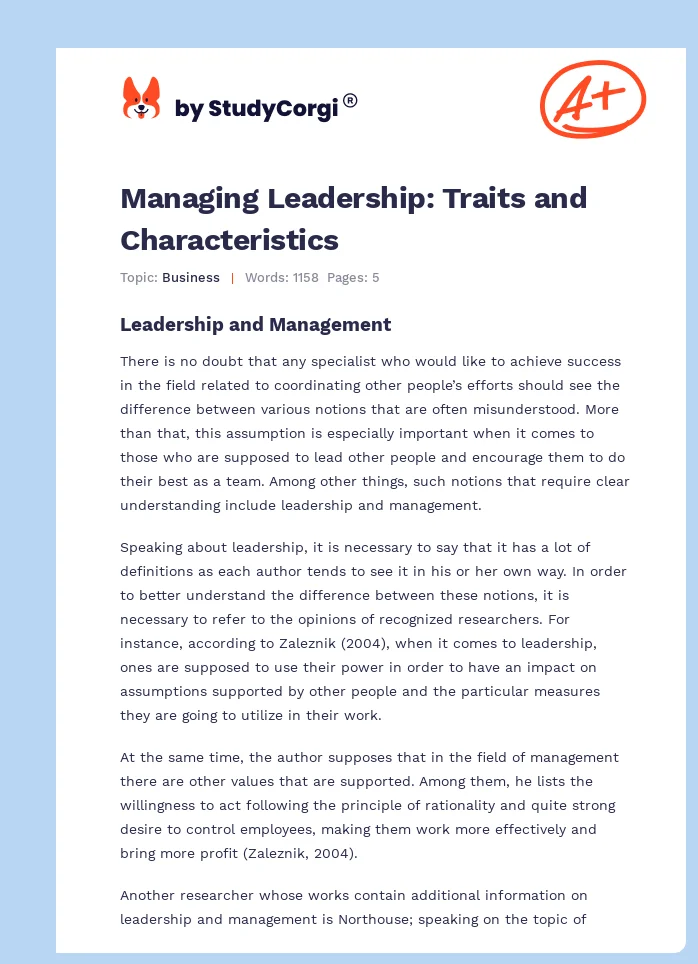 Managing Leadership: Traits and Characteristics. Page 1