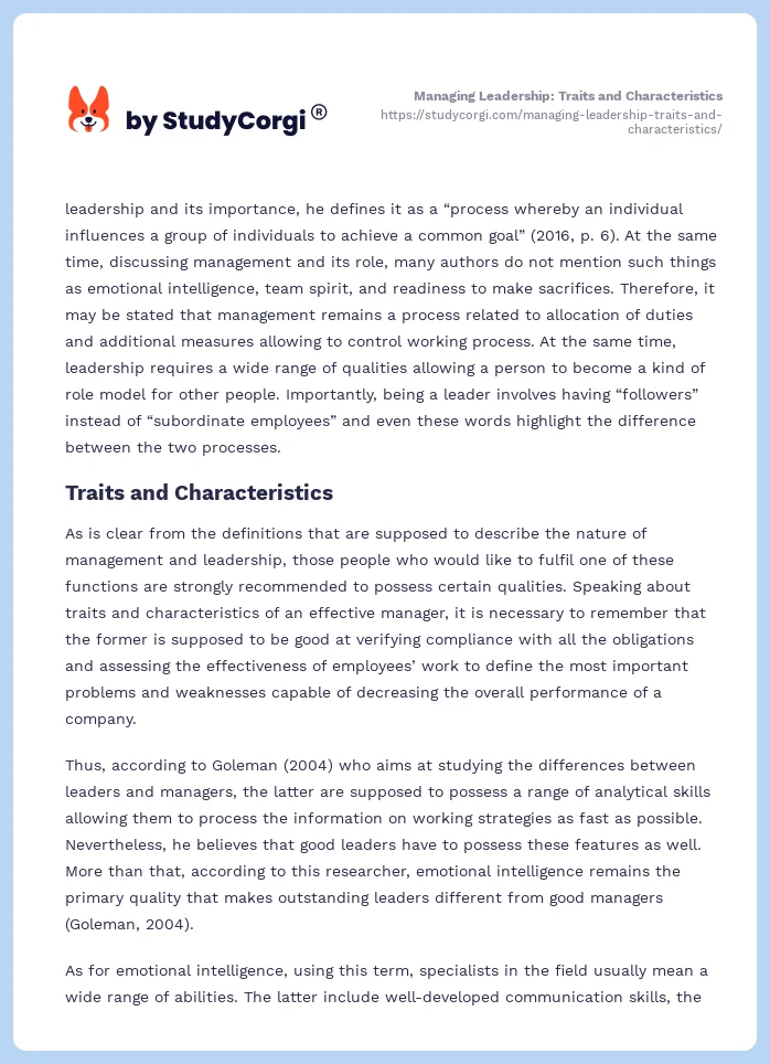 Managing Leadership: Traits and Characteristics. Page 2