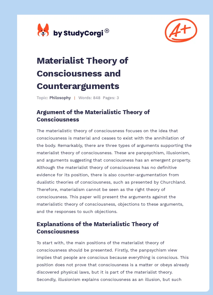Materialist Theory of Consciousness and Counterarguments. Page 1