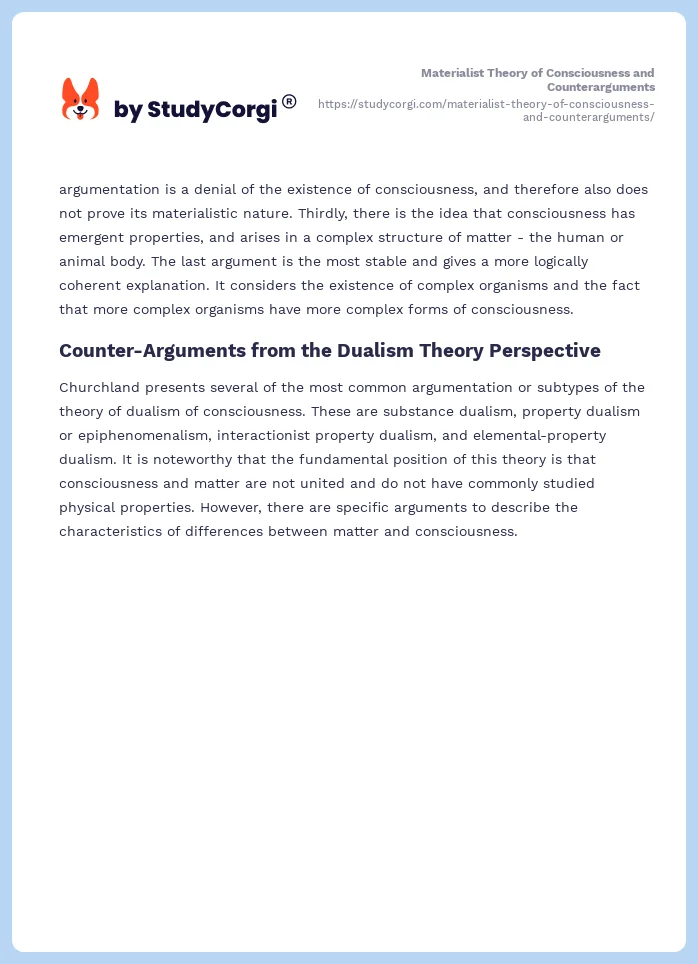 Materialist Theory of Consciousness and Counterarguments. Page 2