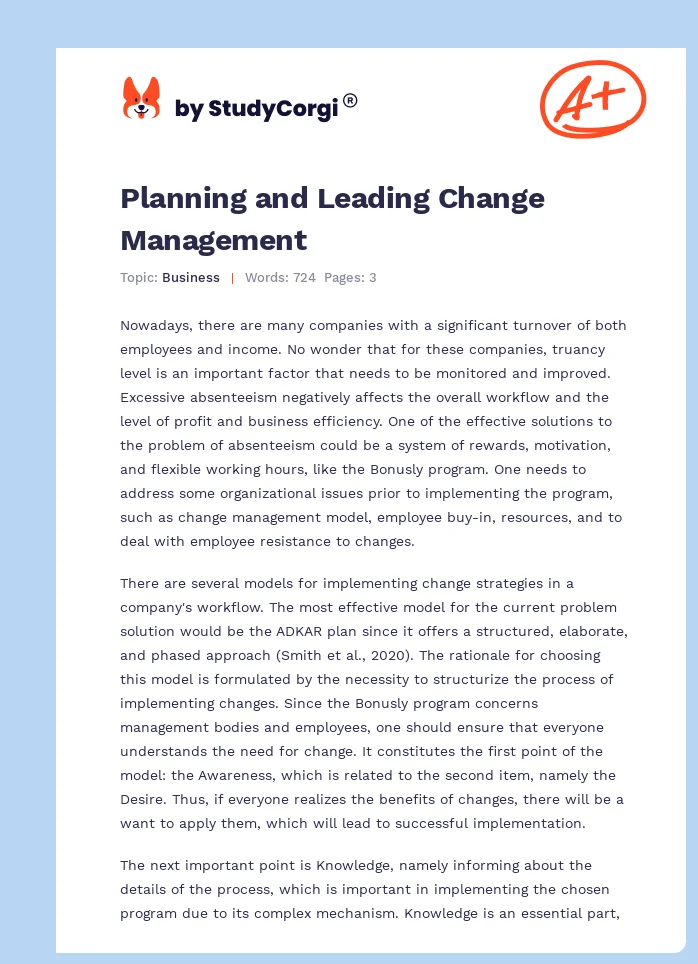 Planning and Leading Change Management. Page 1