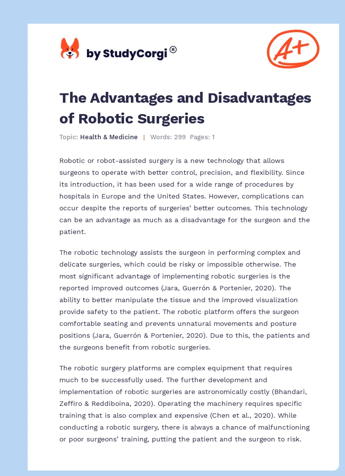 The Advantages and Disadvantages of Robotic Surgeries. Page 1