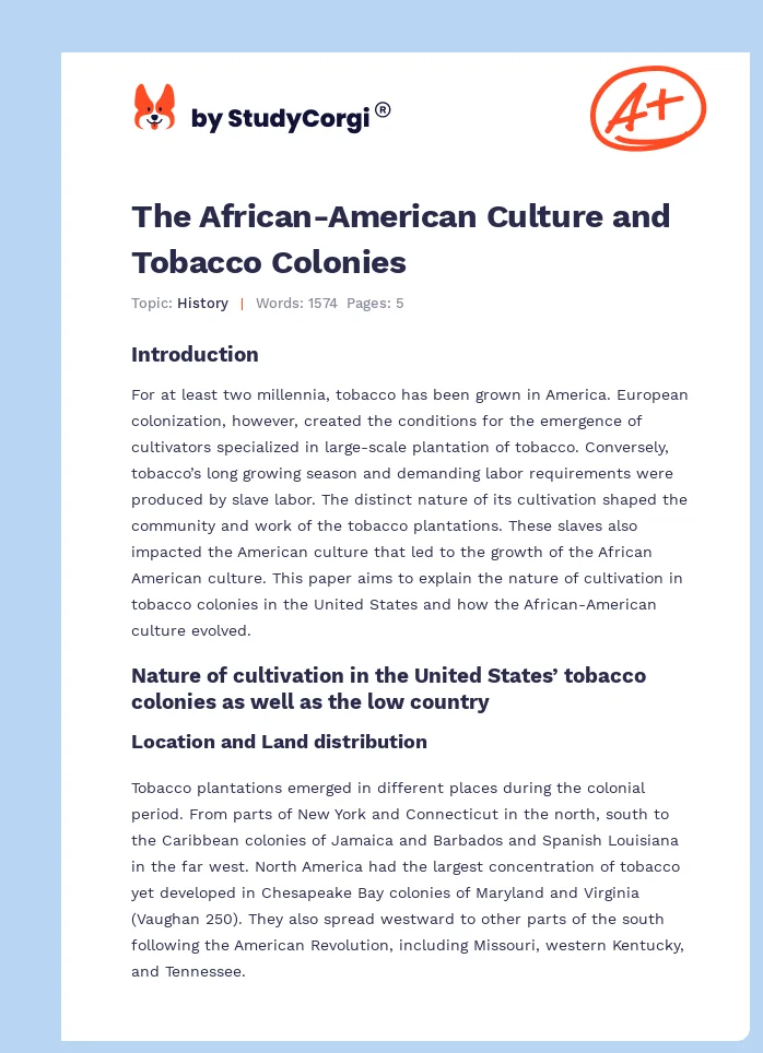 The African-American Culture and Tobacco Colonies. Page 1