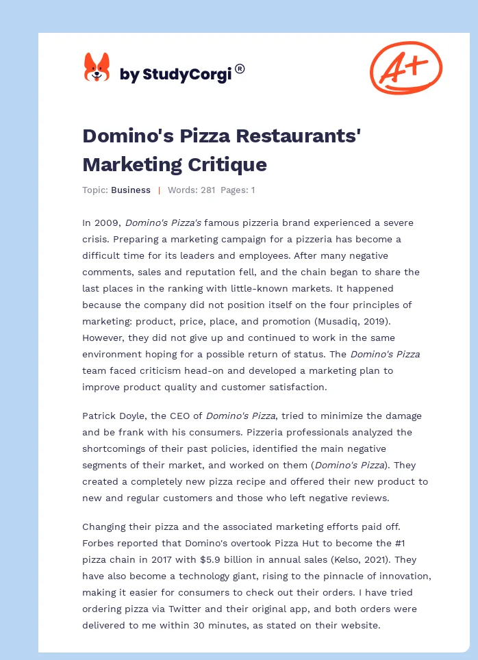 Domino's Pizza Restaurants' Marketing Critique. Page 1