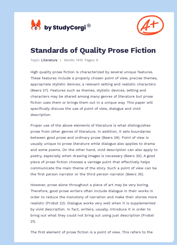 Standards of Quality Prose Fiction. Page 1