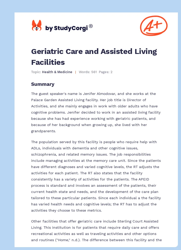 Geriatric Care and Assisted Living Facilities. Page 1