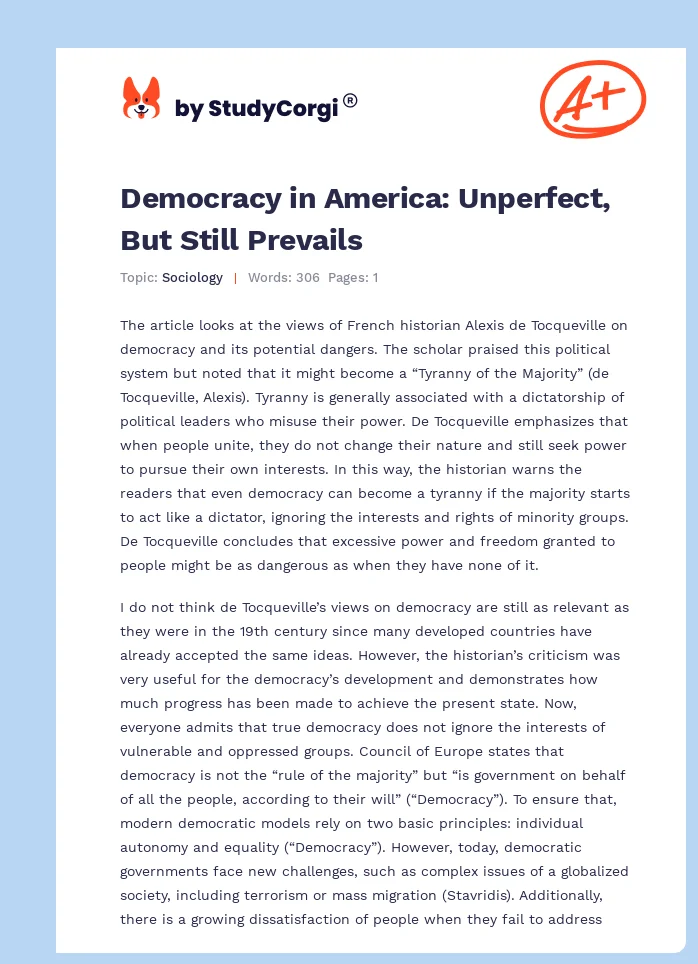 Democracy in America: Unperfect, But Still Prevails. Page 1
