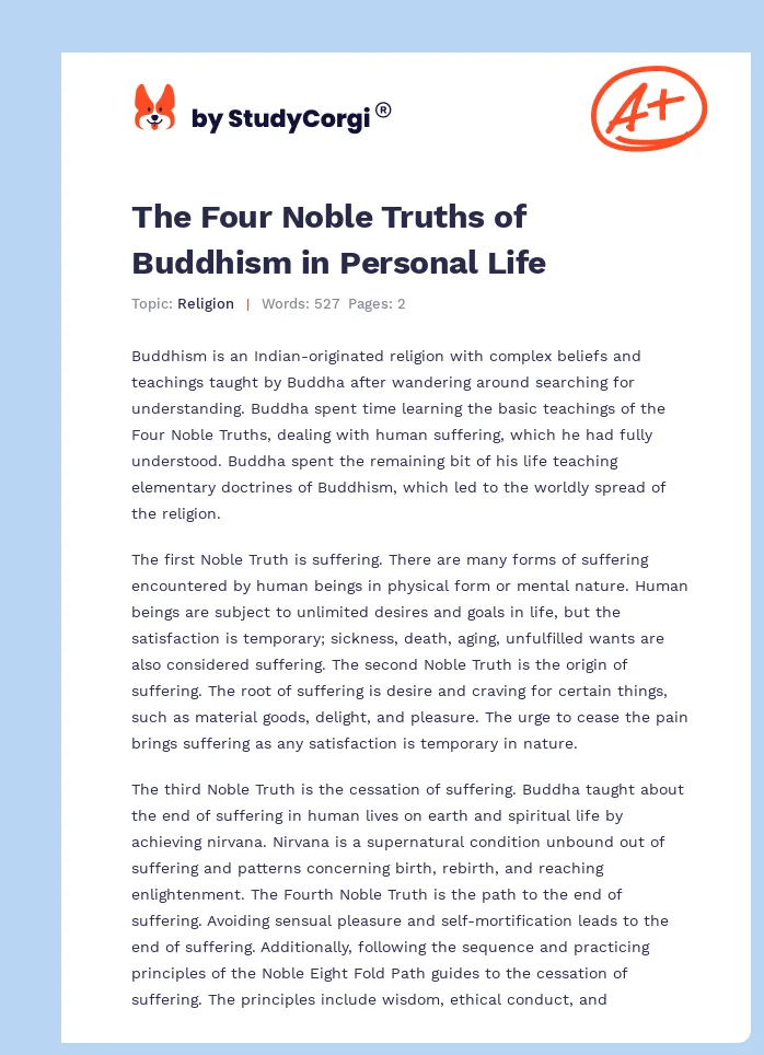 The Four Noble Truths of Buddhism in Personal Life. Page 1