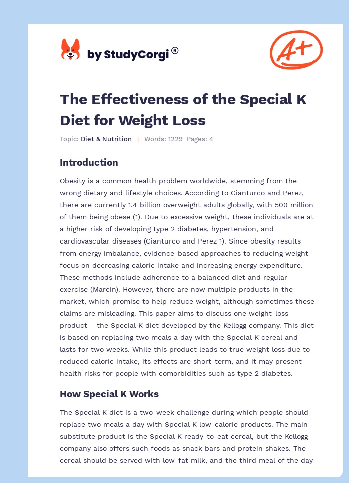 The Effectiveness of the Special K Diet for Weight Loss. Page 1