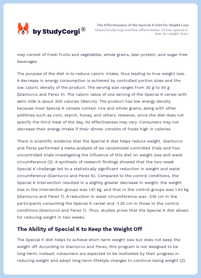 The Effectiveness of the Special K Diet for Weight Loss. Page 2