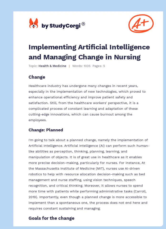 Implementing Artificial Intelligence and Managing Change in Nursing. Page 1