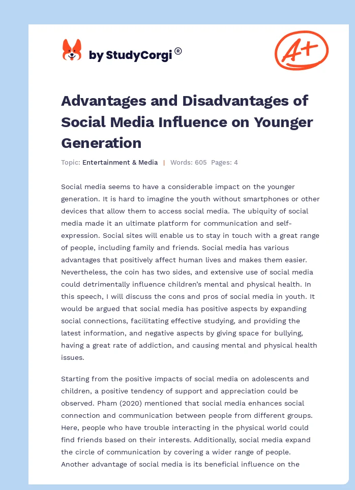 Advantages and Disadvantages of Social Media Influence on Younger Generation. Page 1