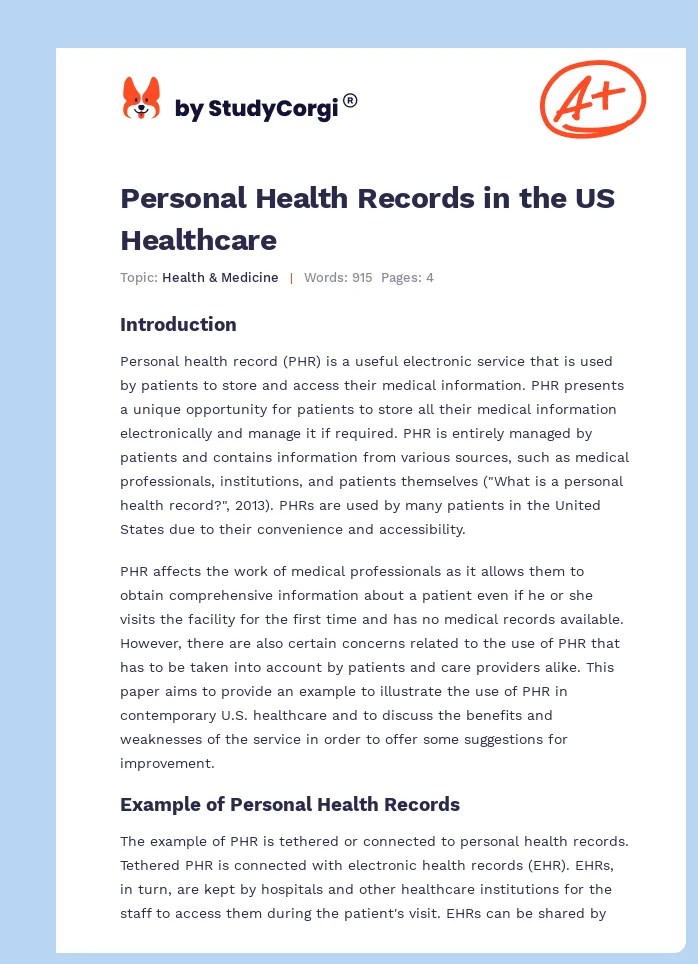 Personal Health Records in the US Healthcare. Page 1
