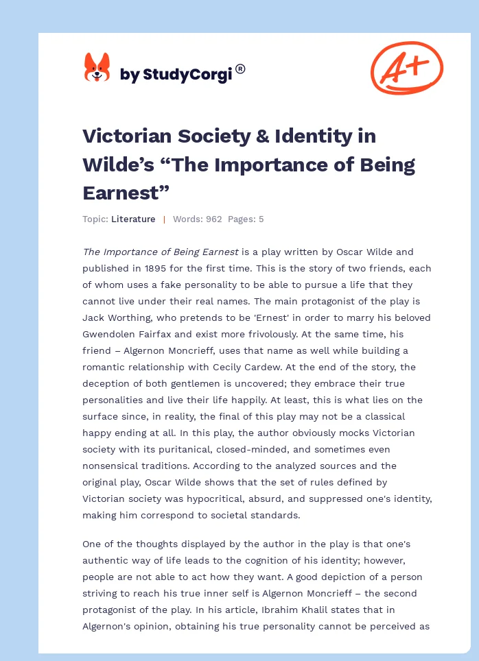 Victorian Society & Identity in Wilde’s “The Importance of Being Earnest”. Page 1