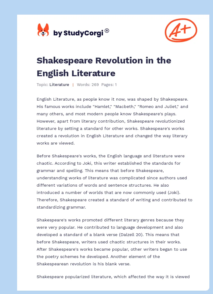 Shakespeare Revolution in the English Literature. Page 1