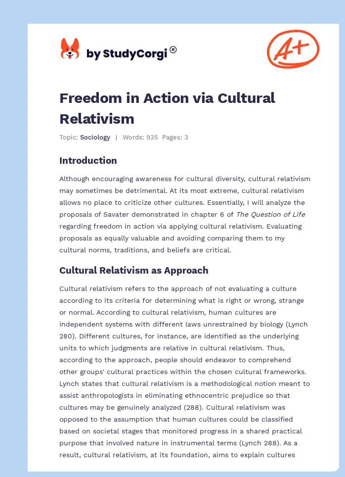 Freedom in Action via Cultural Relativism. Page 1
