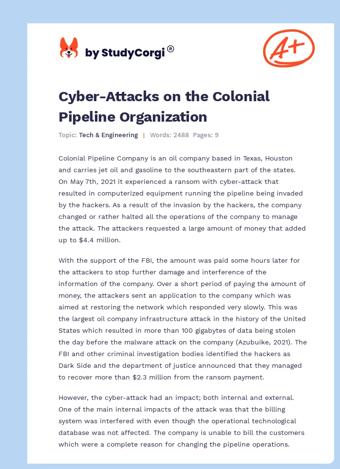 Cyber-Attacks on the Colonial Pipeline Organization. Page 1