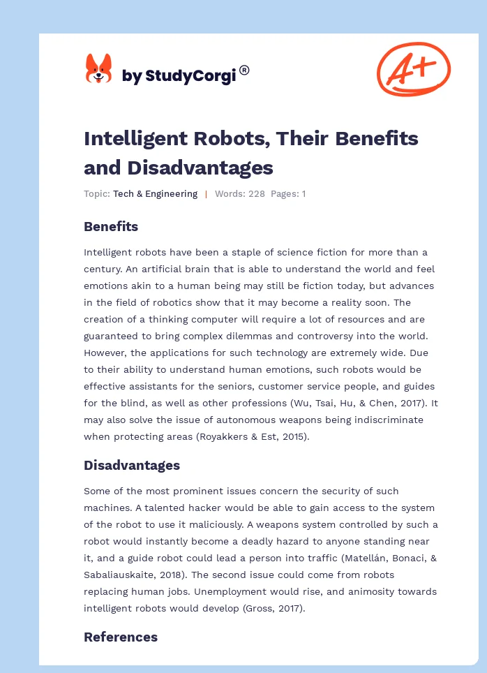 Intelligent Robots, Their Benefits and Disadvantages. Page 1