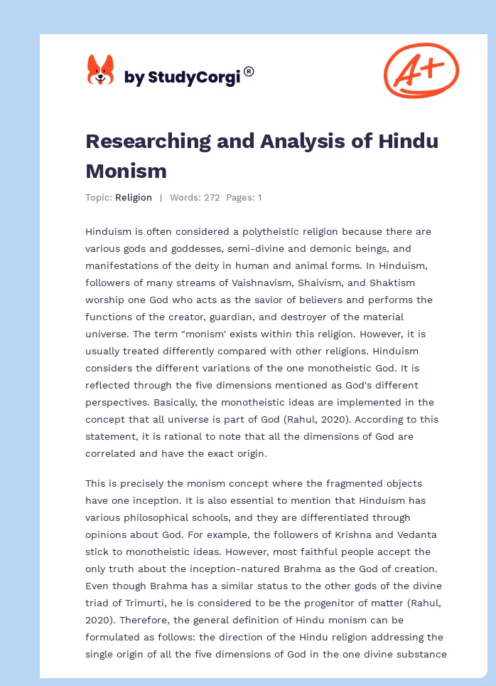 Researching and Analysis of Hindu Monism. Page 1