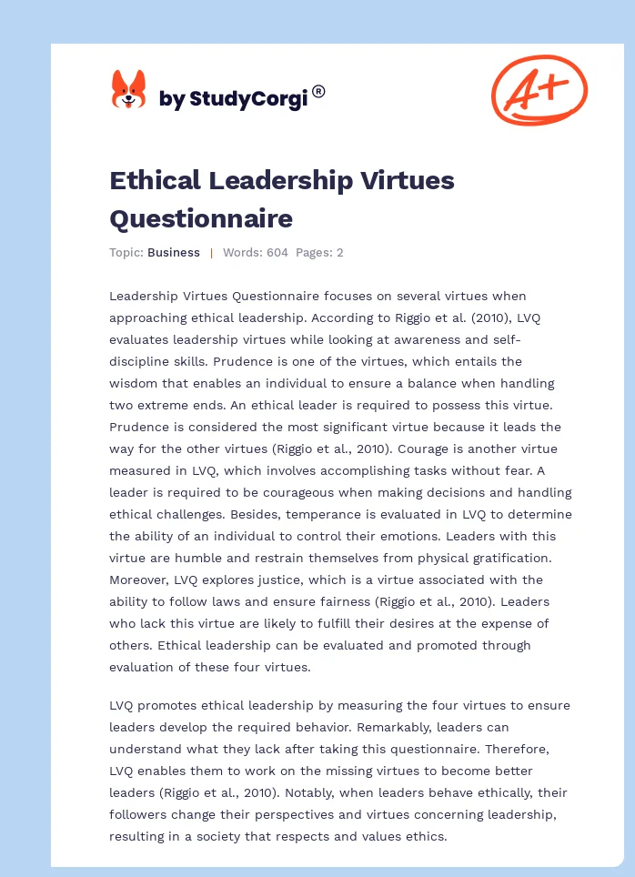 Ethical Leadership Virtues Questionnaire. Page 1