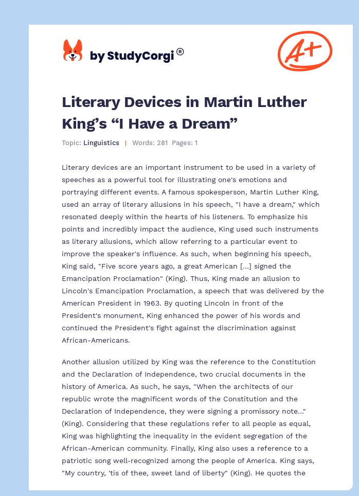 Literary Devices in Martin Luther King’s “I Have a Dream”. Page 1
