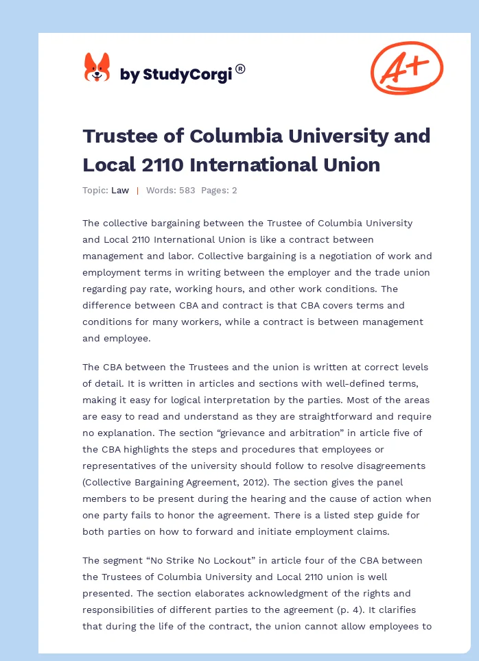 Trustee of Columbia University and Local 2110 International Union. Page 1