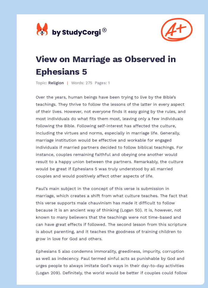 View on Marriage as Observed in Ephesians 5. Page 1