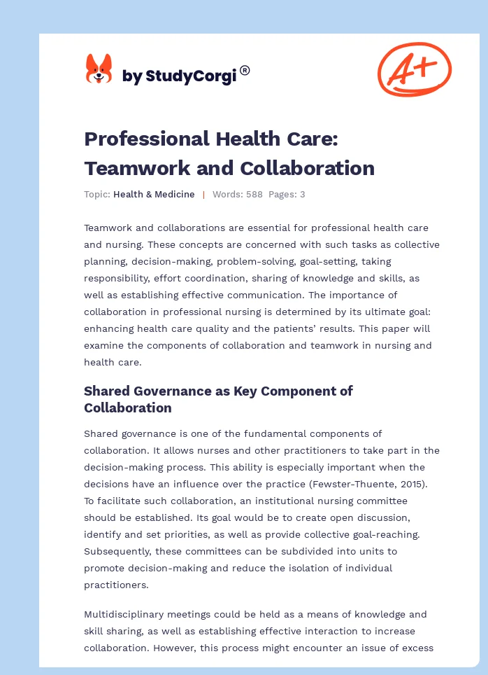 Professional Health Care: Teamwork and Collaboration. Page 1