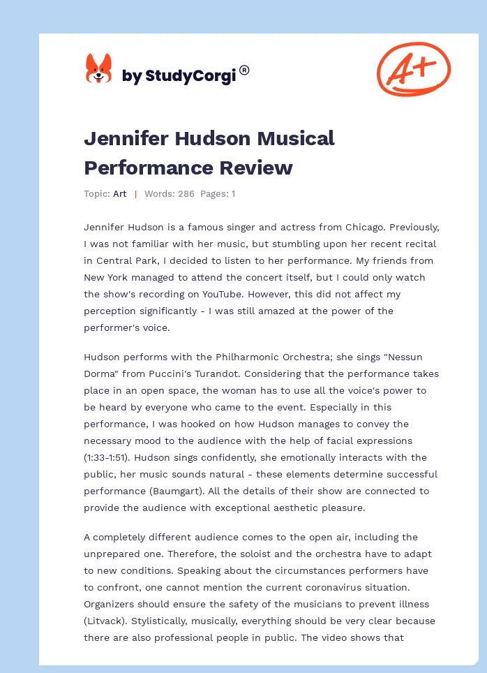 Jennifer Hudson Musical Performance Review. Page 1
