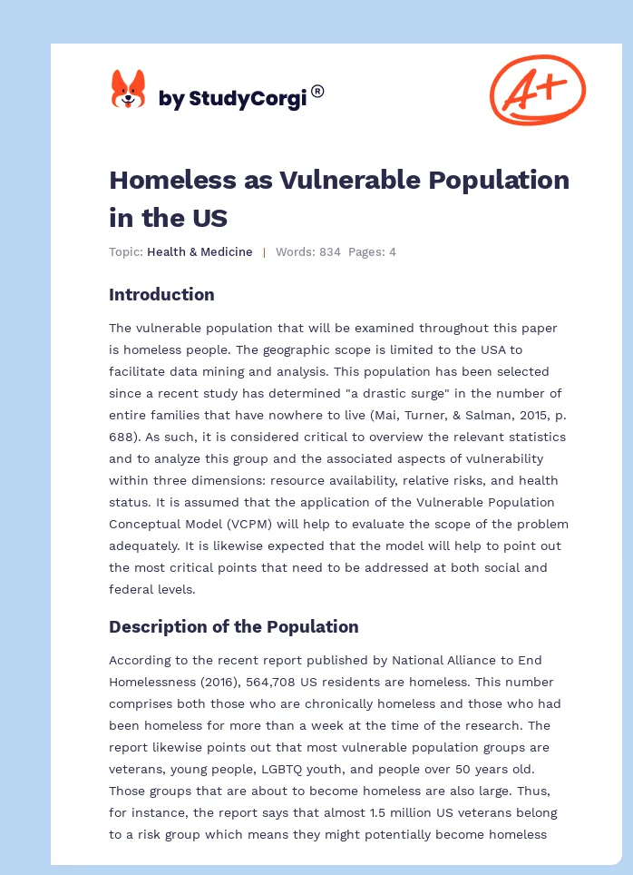 Homeless as Vulnerable Population in the US. Page 1