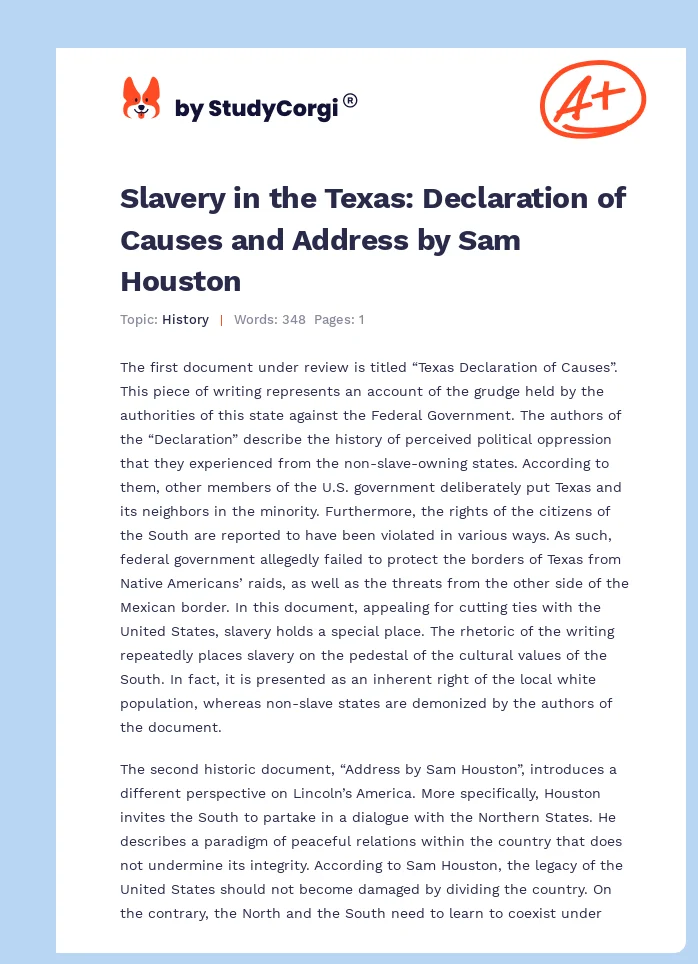 Slavery in the Texas: Declaration of Causes and Address by Sam Houston. Page 1