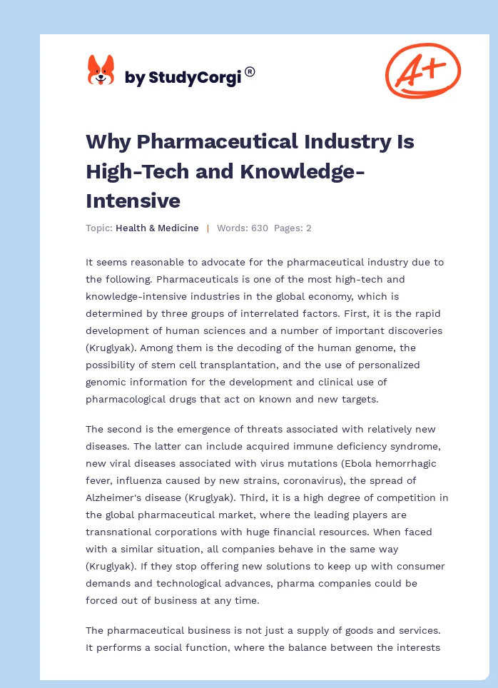 Why Pharmaceutical Industry Is High-Tech and Knowledge-Intensive. Page 1