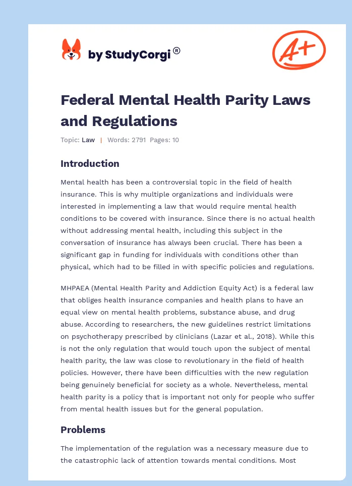 Federal Mental Health Parity Laws and Regulations. Page 1