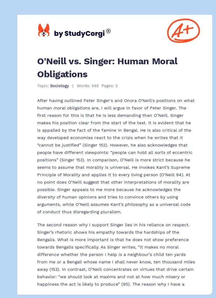 O'Neill vs. Singer: Human Moral Obligations. Page 1