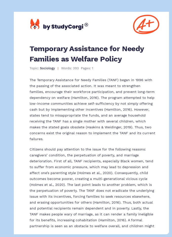 Temporary Assistance for Needy Families as Welfare Policy. Page 1