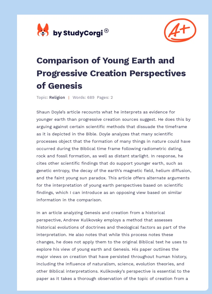 Comparison of Young Earth and Progressive Creation Perspectives of Genesis. Page 1