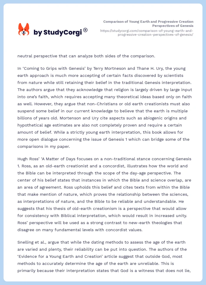 Comparison of Young Earth and Progressive Creation Perspectives of Genesis. Page 2