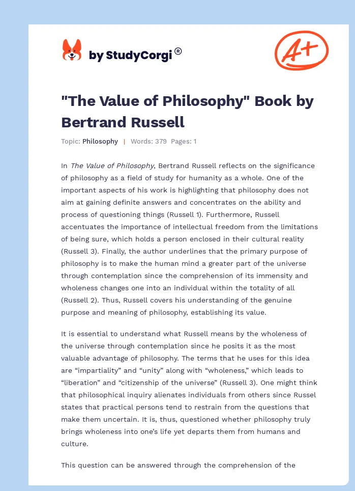 "The Value of Philosophy" Book by Bertrand Russell. Page 1